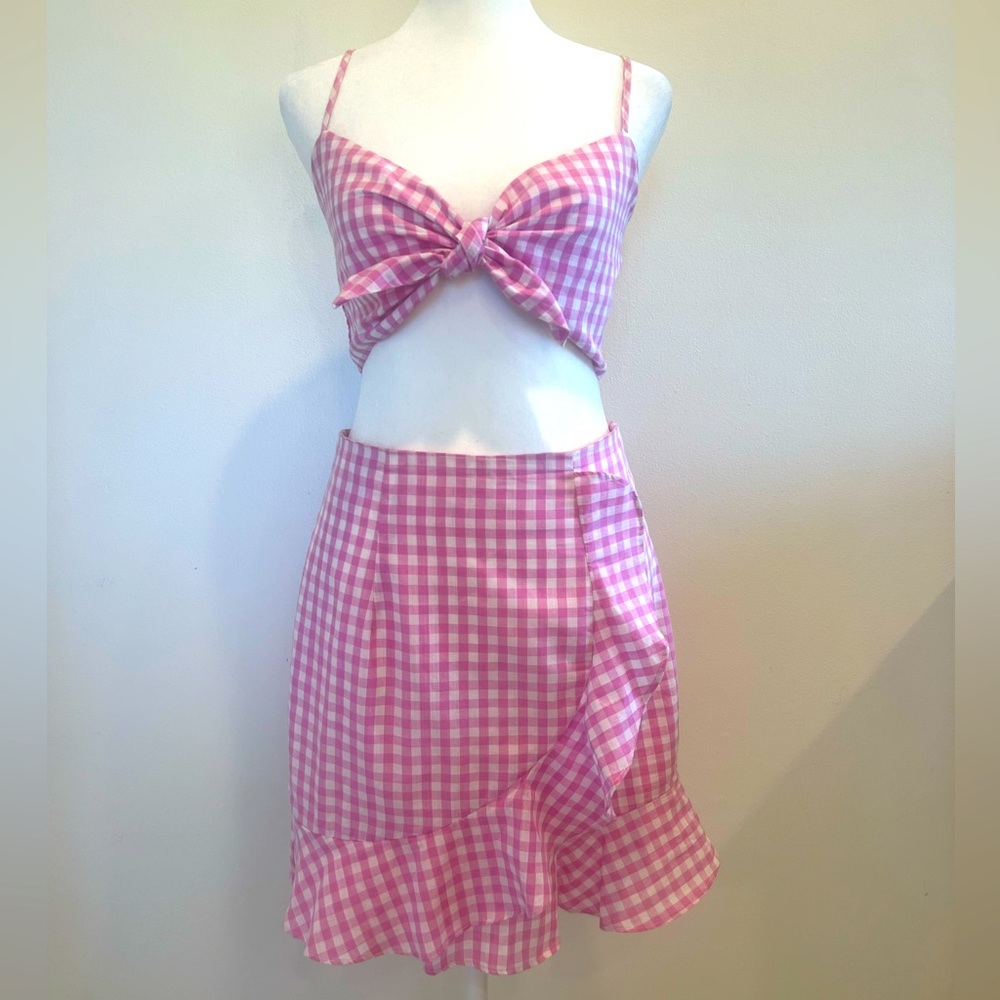 NUDE | PINK GINGHAM MATCHING CROP TOP & HIGH WAIST RUFFLE SKIRT SET